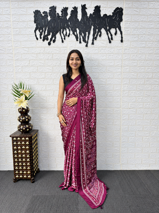 Siya Royal Grape Ajrakh-Inspired Satin Saree with Luxurious Tassel Border