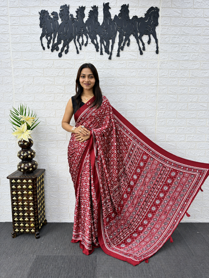 Crimson Ritz Japan Satin Silk Saree with Glinting Mirror Work