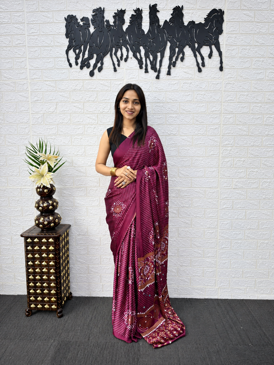 Deep Plum Heritage Japan Satin Silk Saree