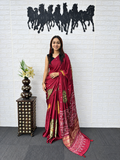 Crimson Grace Japan Satin Silk Saree with Traditional Bandhani Foil Print and Mirror Work Border