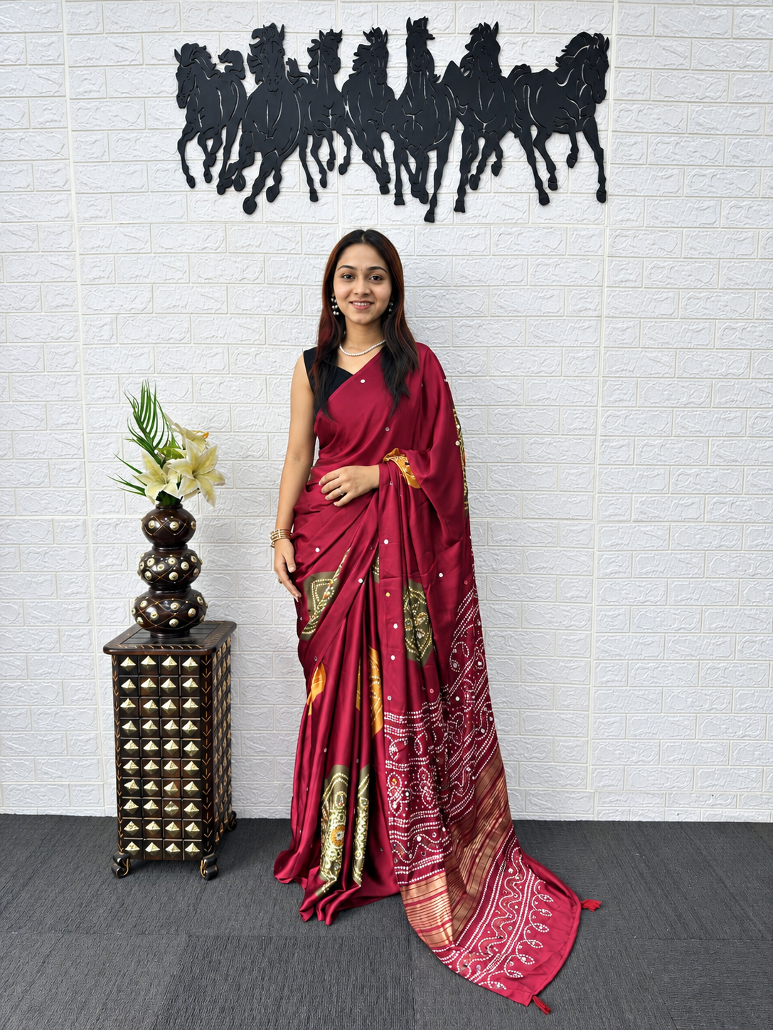 Crimson Grace Japan Satin Silk Saree with Traditional Bandhani Foil Print and Mirror Work Border