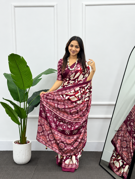 Rich Wine & Cream Fluid Japan Satin Saree Finished with an Haute Couture Heavy Latkan Designer Pallu
