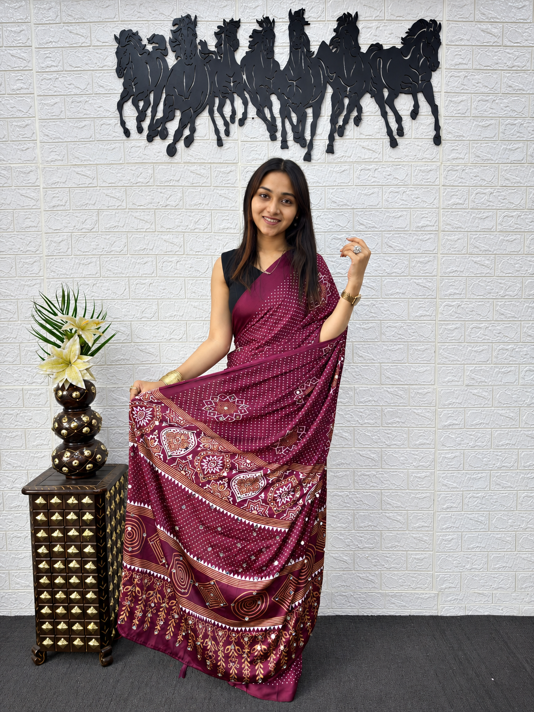 Deep Plum Heritage Japan Satin Silk Saree