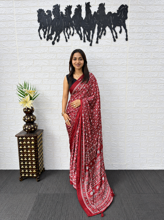 Crimson Ritz Japan Satin Silk Saree with Glinting Mirror Work