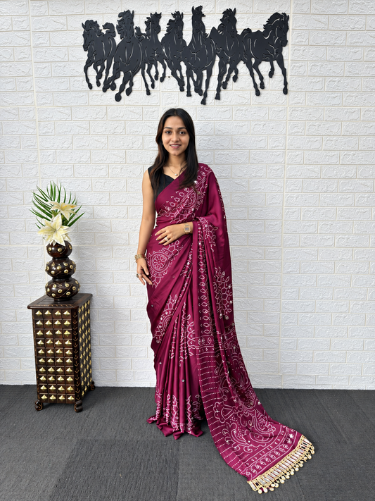 Aura Premium Japan Satin Silk Bandhani Saree with Peacock Pallu