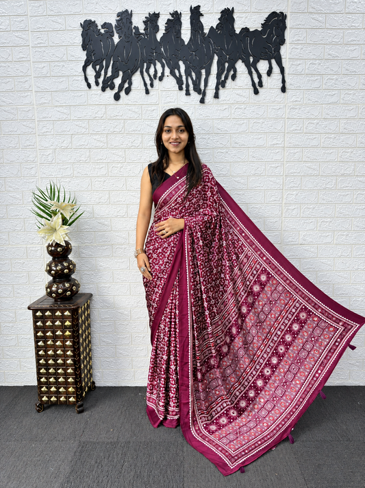 Siya Royal Grape Ajrakh-Inspired Satin Saree with Luxurious Tassel Border