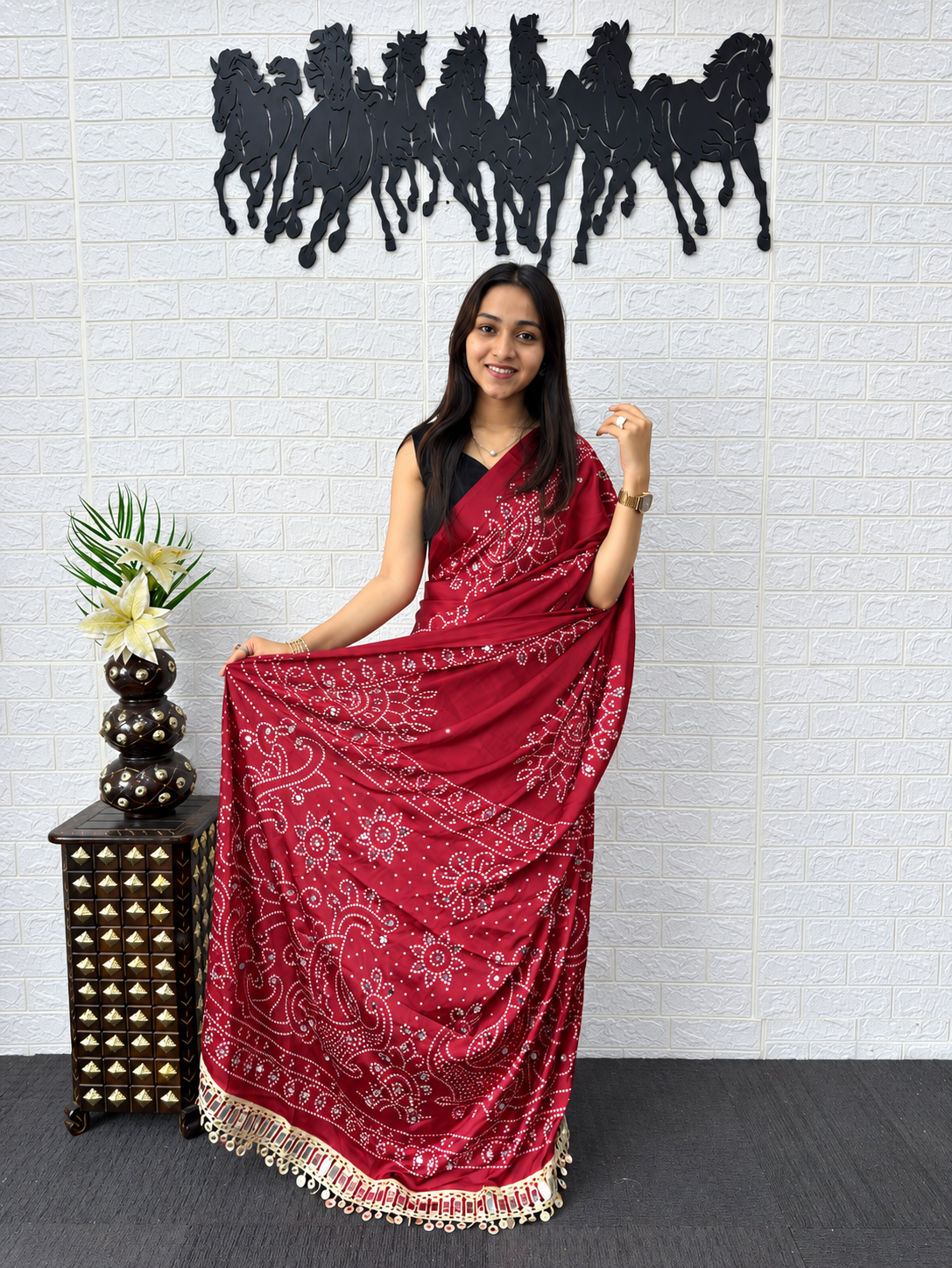Radha Krishna Festive Bandhani Print Japan Satin Silk Saree