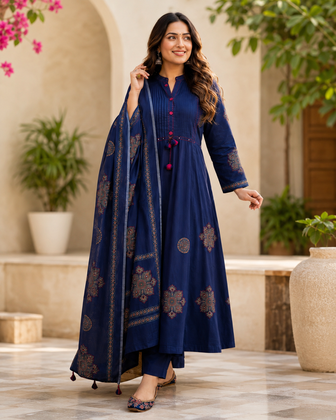 Premium Navy Blue Pure Cotton A Line Anarkali Suit Set