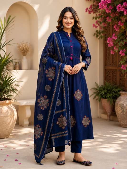 Premium Navy Blue Pure Cotton A Line Anarkali Suit Set