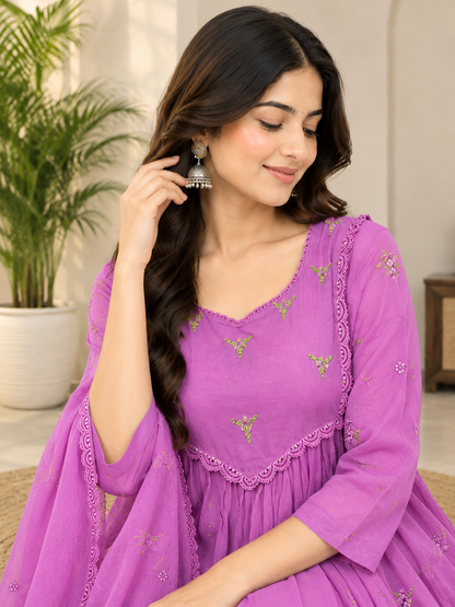 Elegant Lavender  Pure Mal Chanderi Anarkali Suit Set