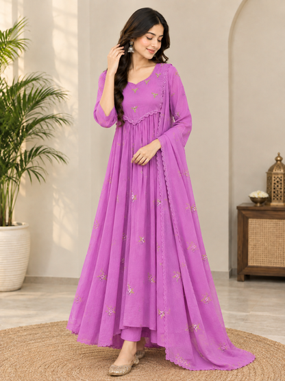 Elegant Lavender  Pure Mal Chanderi Anarkali Suit Set