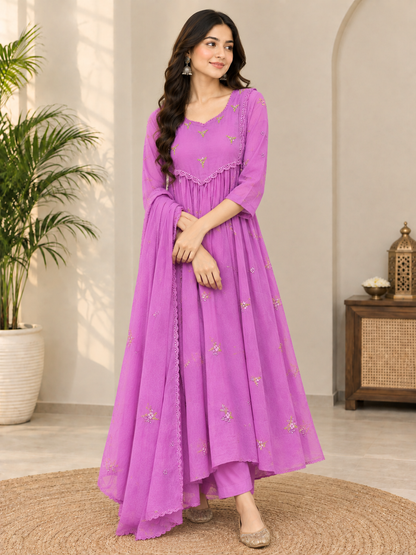 Elegant Lavender  Pure Mal Chanderi Anarkali Suit Set
