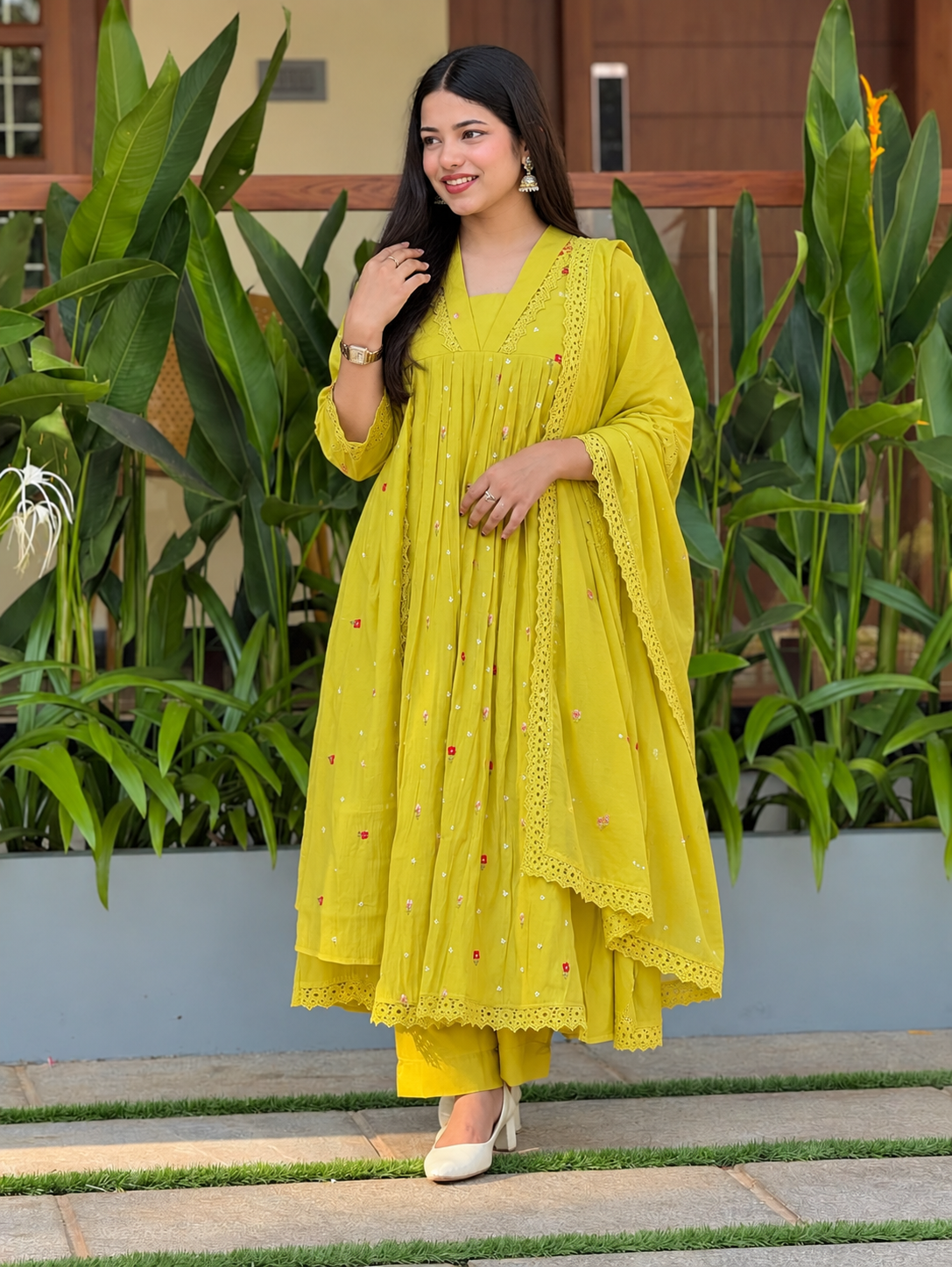 Lime Bloom Embroidered Flared Suit Set