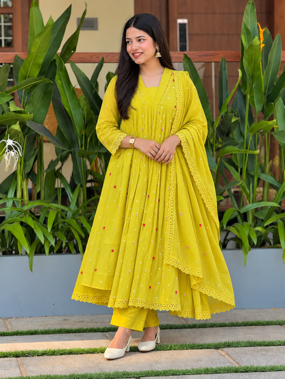 Lime Bloom Embroidered Flared Suit Set