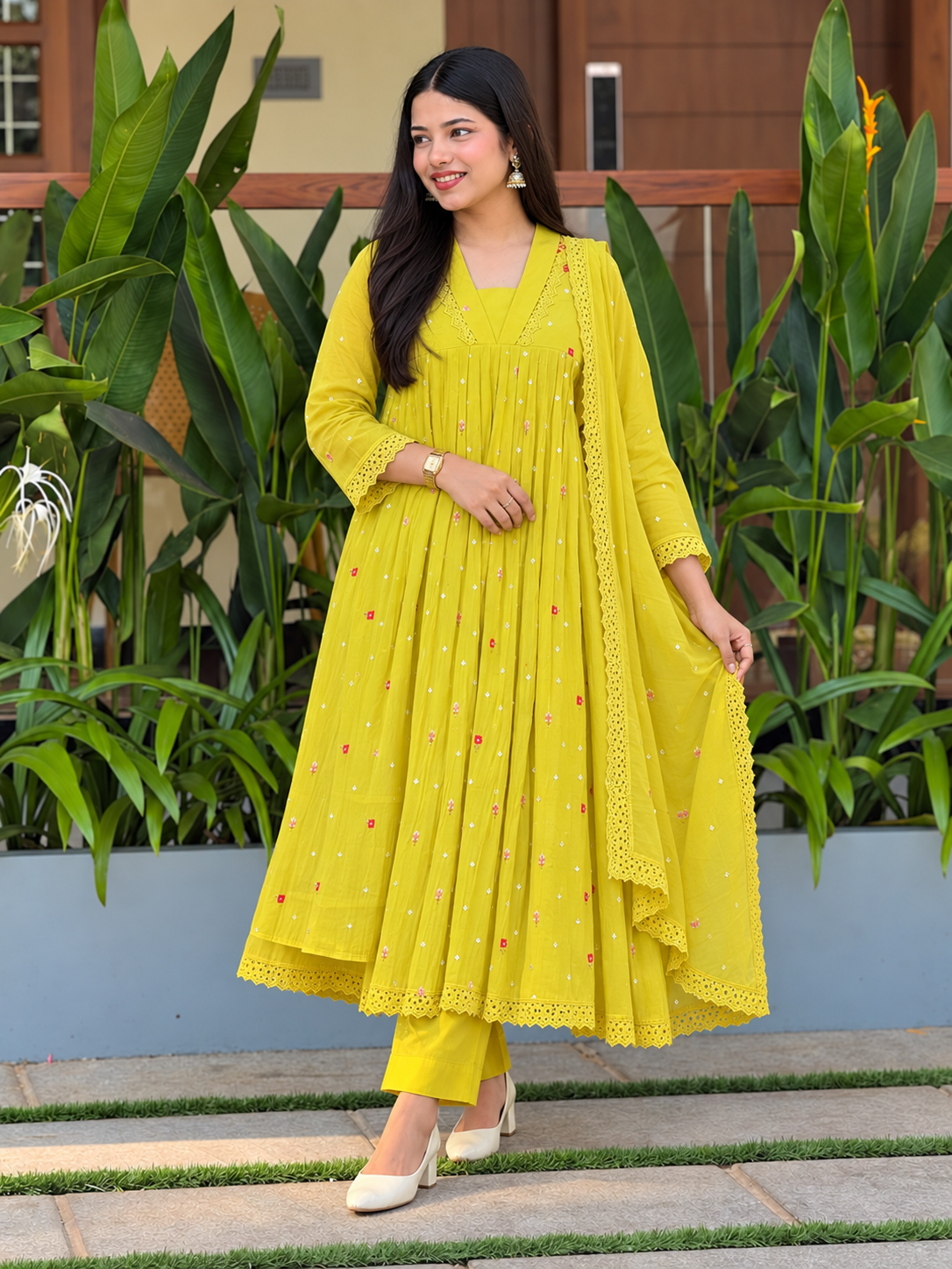 Lime Bloom Embroidered Flared Suit Set