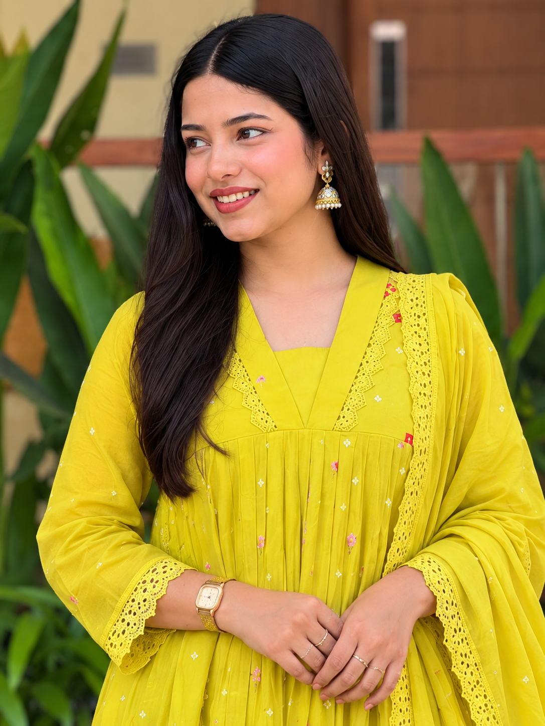 Lime Bloom Embroidered Flared Suit Set