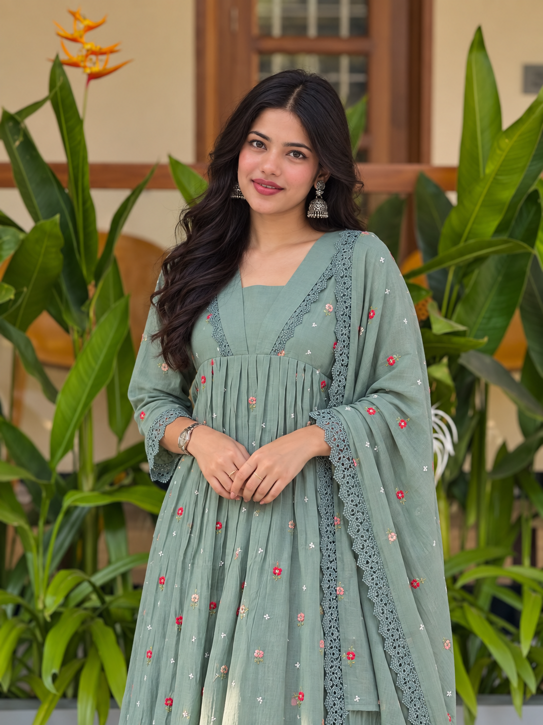 Sage Petal Grace Anarkali Suit Set