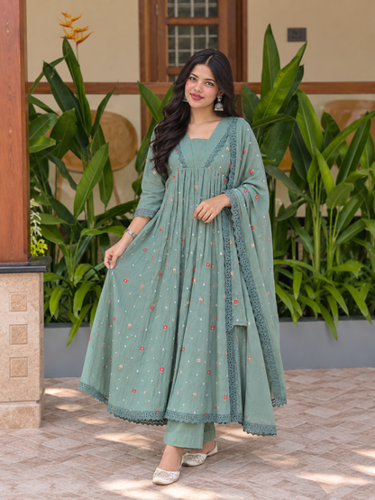 Sage Petal Grace Anarkali Suit Set