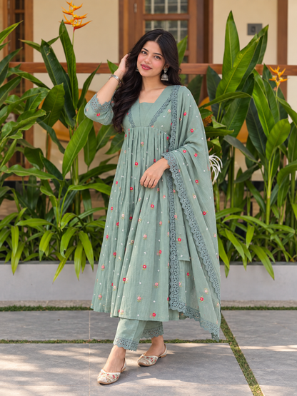 Sage Petal Grace Anarkali Suit Set