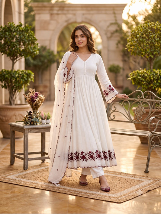 Crimson Petal Charm Flared Anarkali Three Piece Suit Set