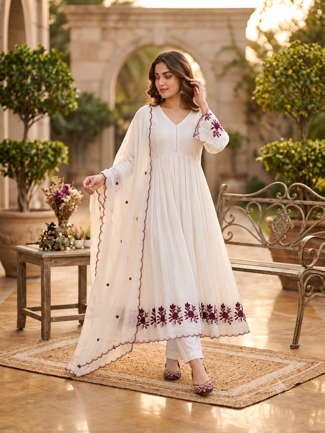 Crimson Petal Charm Flared Anarkali Three Piece Suit Set