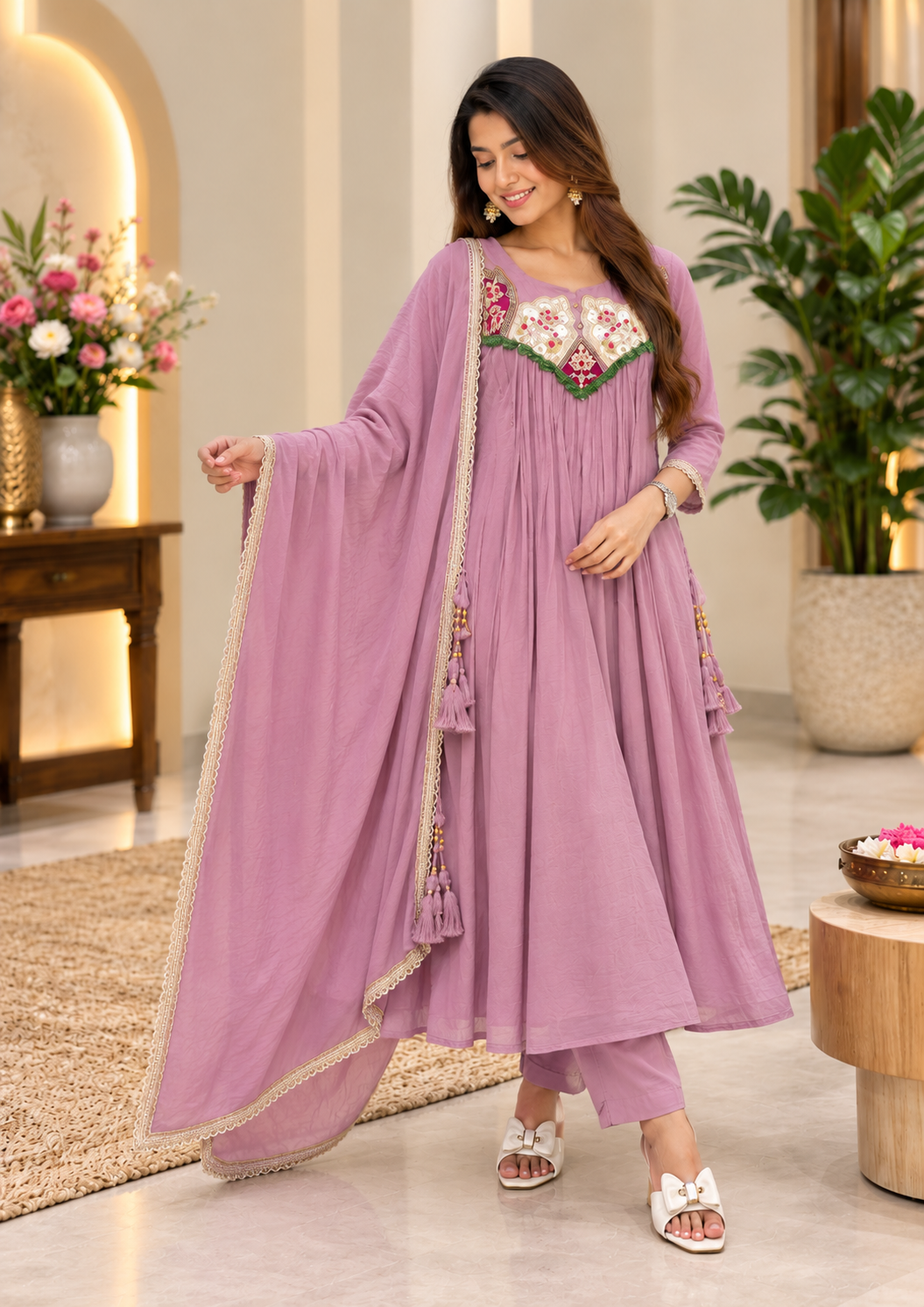 Mauve Mehr Embroidered Flared Suit Set