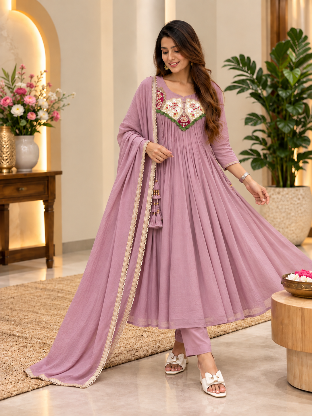 Mauve Mehr Embroidered Flared Suit Set