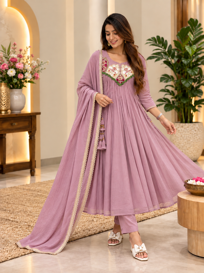 Mauve Mehr Embroidered Flared Suit Set