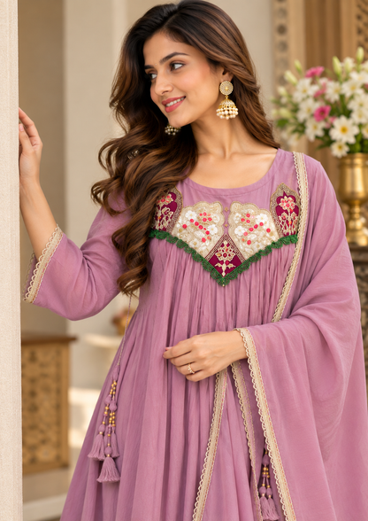 Mauve Mehr Embroidered Flared Suit Set