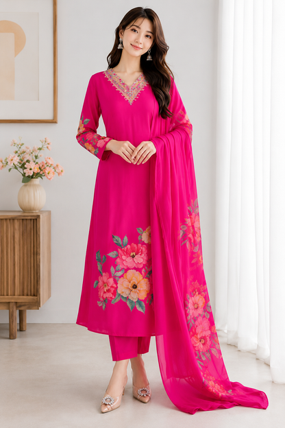Premium Pink Floral Suit Set with Heavy Fancy Hand Work