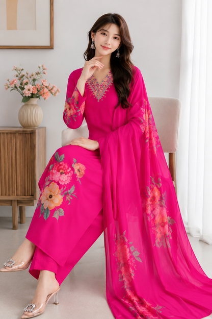 Premium Pink Floral Suit Set with Heavy Fancy Hand Work
