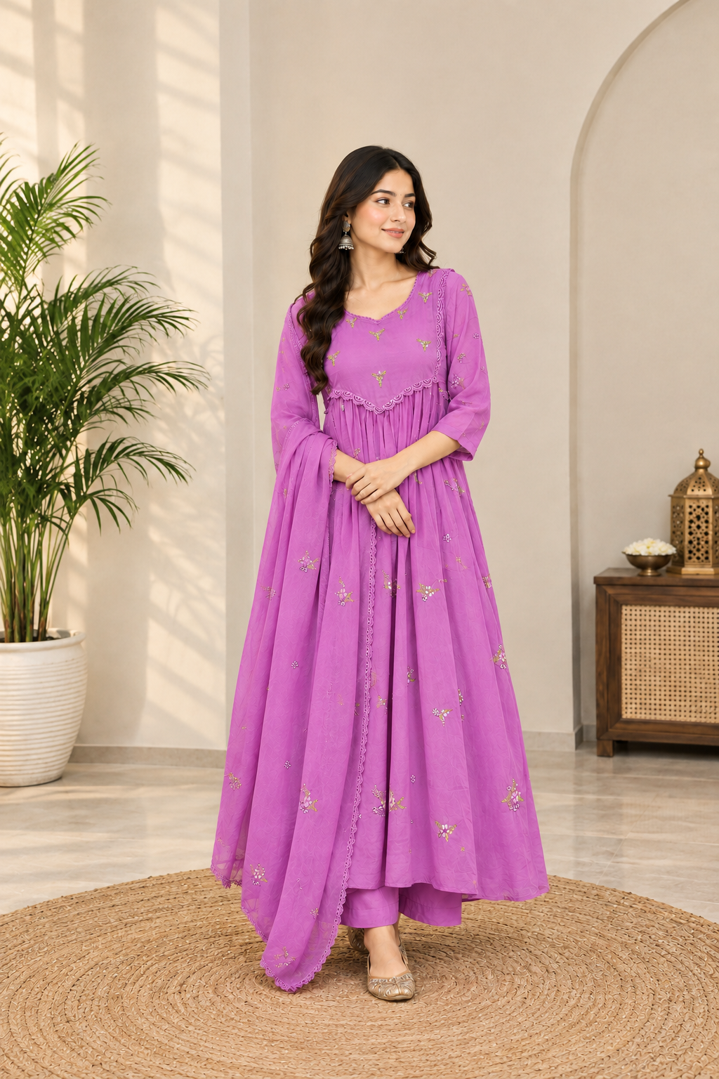 Elegant Lavender  Pure Mal Chanderi Anarkali Suit Set