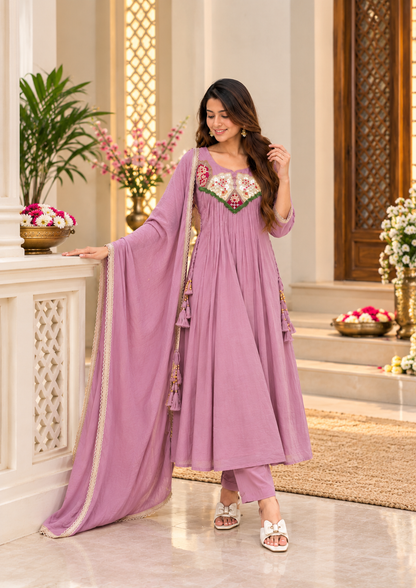 Mauve Mehr Embroidered Flared Suit Set