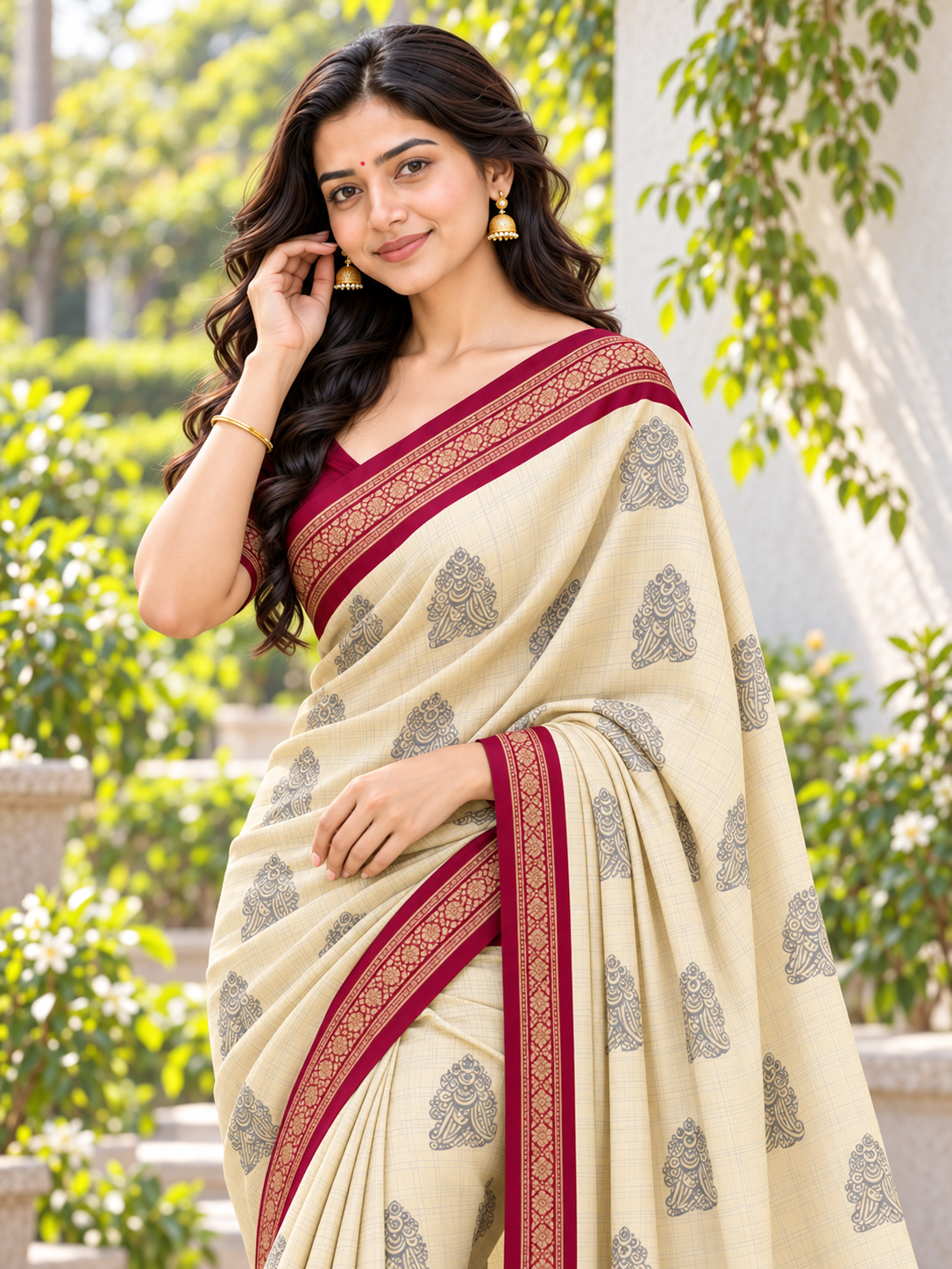 Aarohi Cream & Maroon Saree with Artistic Peacock and Elephant Motifs, Floral Detailing and Gold-Toned Border