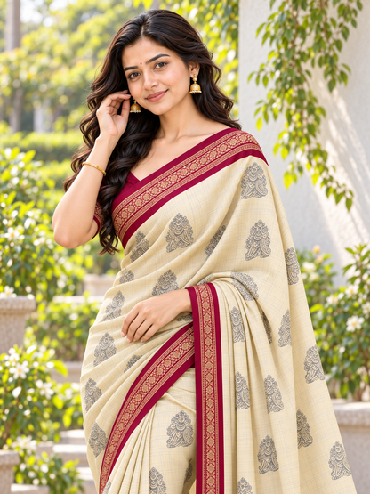 Aarohi Cream & Maroon Saree with Artistic Peacock and Elephant Motifs, Floral Detailing and Gold-Toned Border