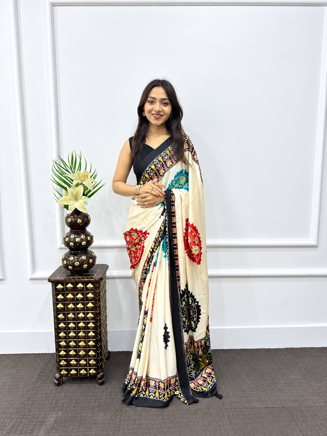 Designer Cream Japan Satin Silk Print Saree with Heavy Mirror Embellished Border and Viscose Latkan Pallu