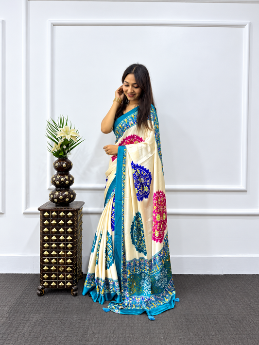 Celeb Inspired Cream Satin Silk Saree with Rama Teal Mandala Prints & Heavy Mirror Embellished Border