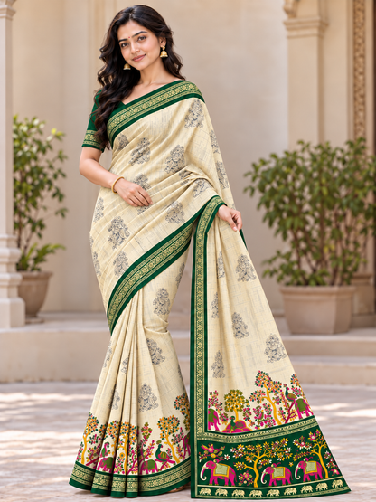 Royal Cream and Emerald Green Saree with Colourful Elephant Motifs and Ornamental Gold Border
