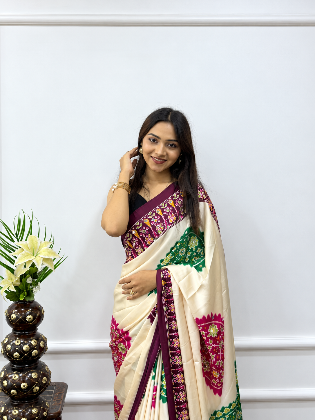 Ivory Cream Japan Satin Silk Saree with Heavy Real Mirror Work & Traditional Geometric Pallu Border