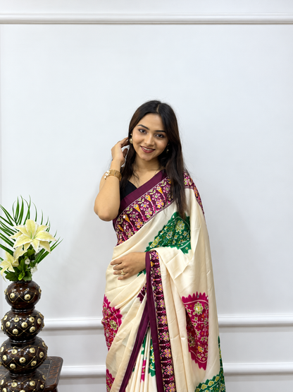 Ivory Cream Japan Satin Silk Saree with Heavy Real Mirror Work & Traditional Geometric Pallu Border