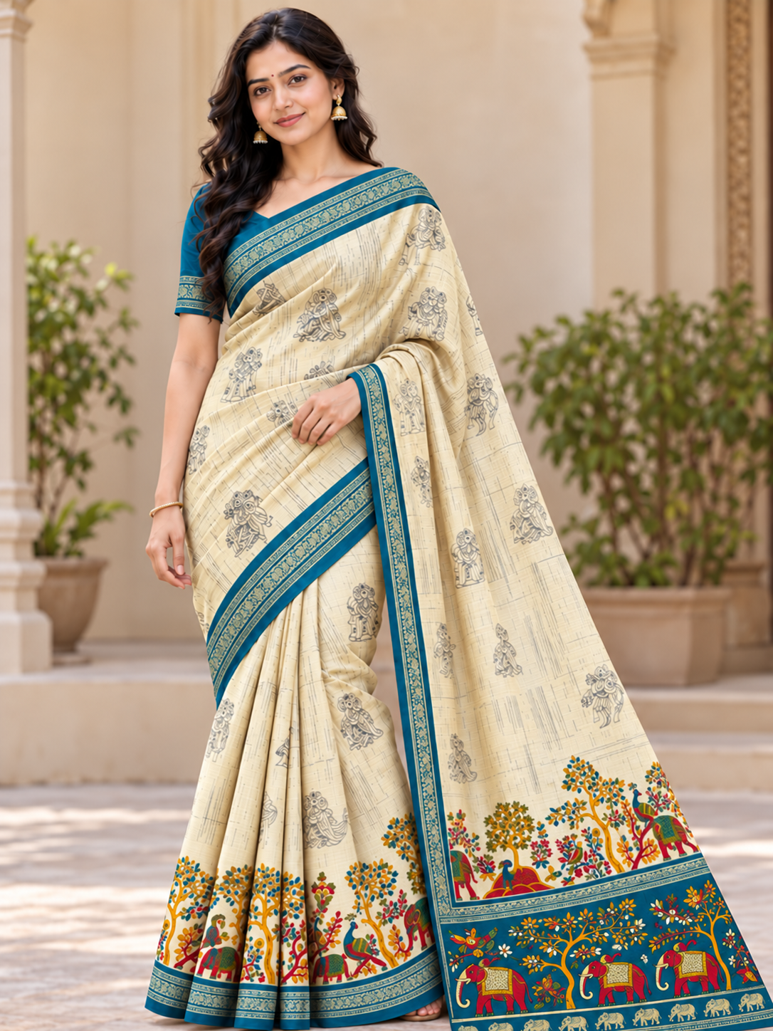 Rangrekha Cream Saree with Colourful Statement Pallu
