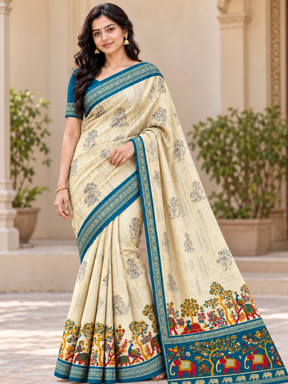 Rangrekha Cream Saree with Colourful Statement Pallu