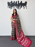 Traditional Patola Print Mall Cotton Saree in Forest Green & Deep Maroon