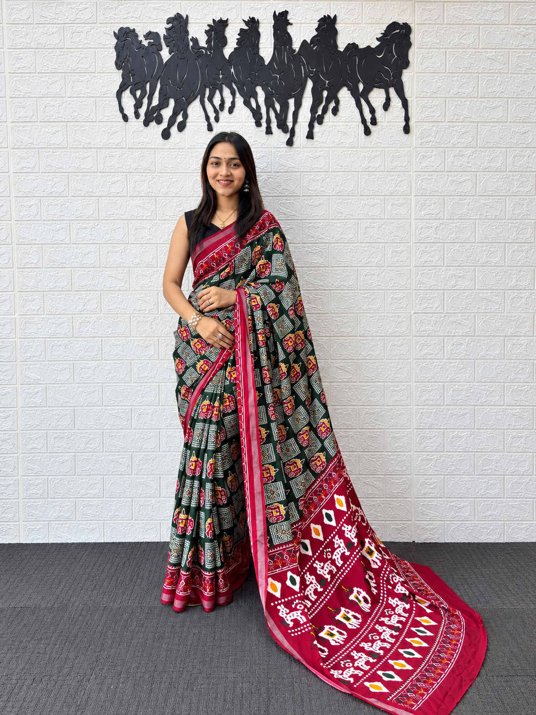 Traditional Patola Print Mall Cotton Saree in Forest Green & Deep Maroon