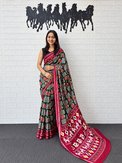 Traditional Patola Print Mall Cotton Saree in Forest Green & Deep Maroon