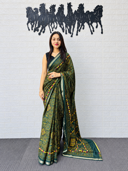 Olive Earth Traditional Block Printed Mall Cotton Saree