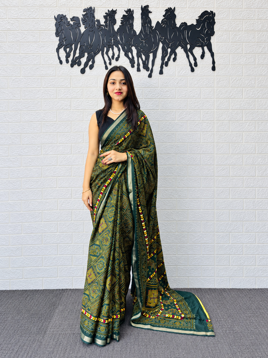 Olive Earth Traditional Block Printed Mall Cotton Saree
