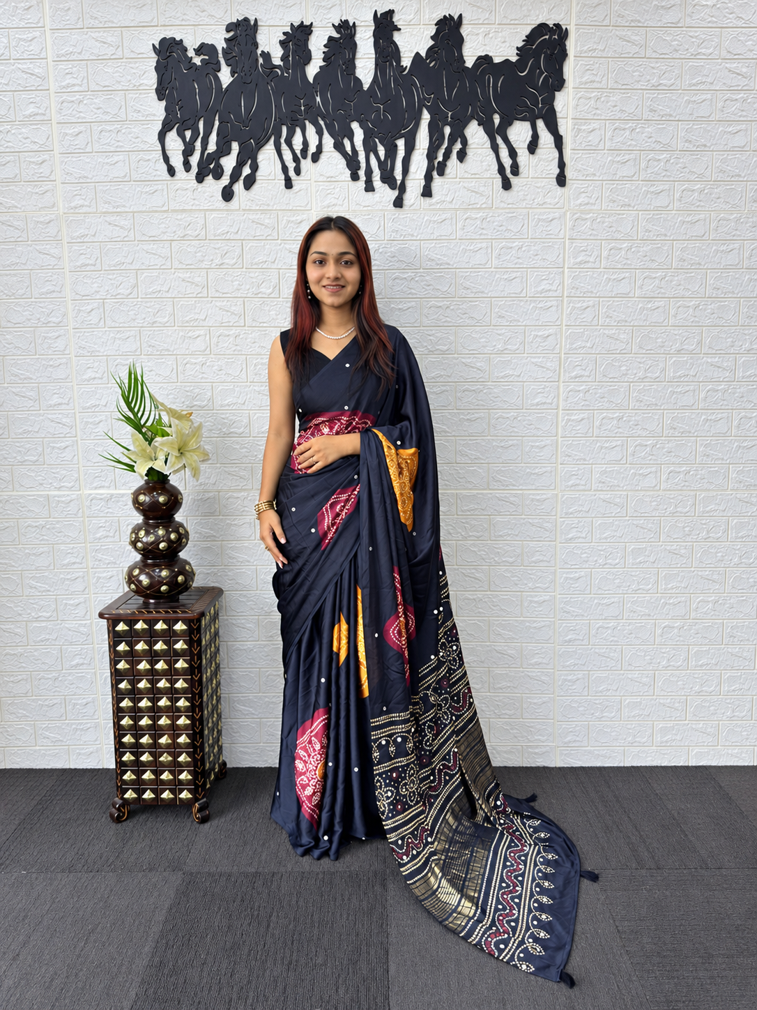 Noir Japan Satin Silk Saree with Royal Bandhani Foil Print and Mirror Work Border