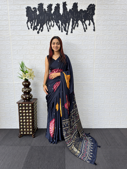 Noir Japan Satin Silk Saree with Royal Bandhani Foil Print and Mirror Work Border