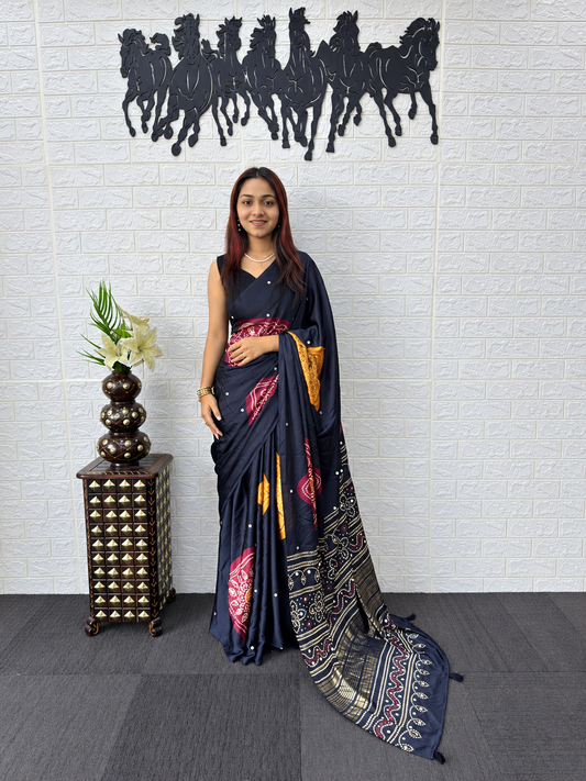 Noir Japan Satin Silk Saree with Royal Bandhani Foil Print and Mirror Work Border